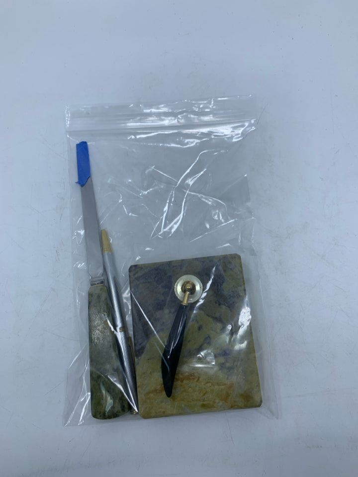 3 PC GREEN MARBLE PEN HOLDER PEN & LETTER OPENER IN BAG.