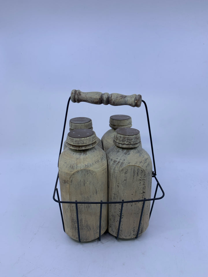 4 RUSTIC WOOD MILK BOTTLES IN CRATE.