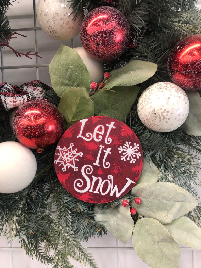 LET IT SNOW WREATH W/GLITTER ORNAMENTS AND SNOWMAN.