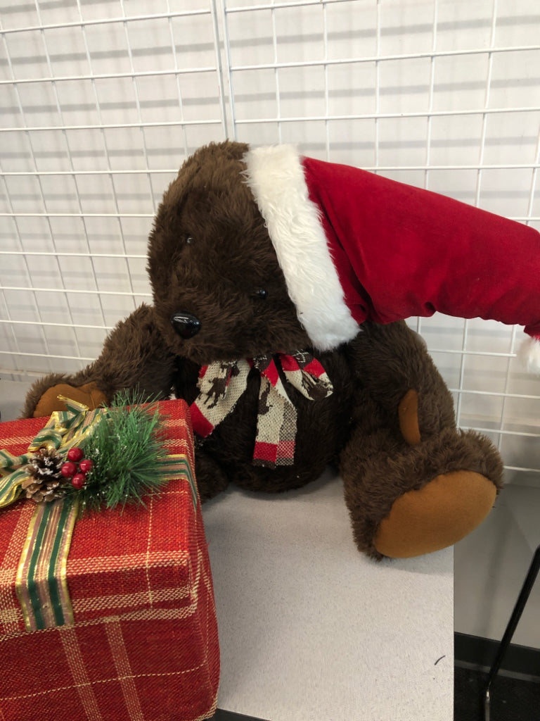 LARGE PLUSH BEAR W/ SANTA HAT & PRESENT.