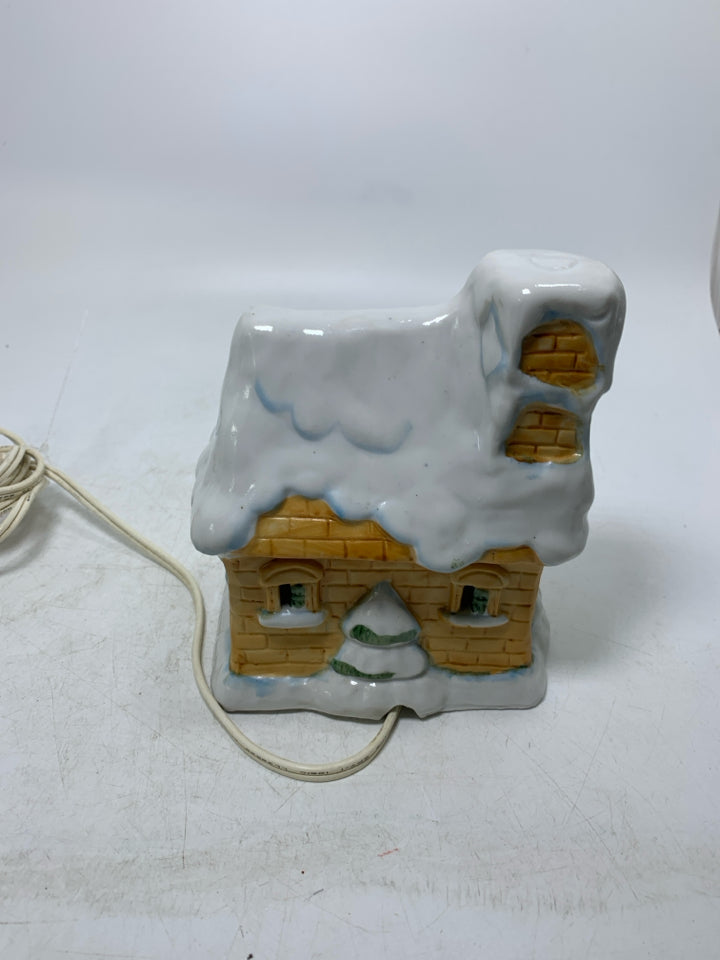 SMALL SNOWY ROOF LIGHT UP HOUSE.