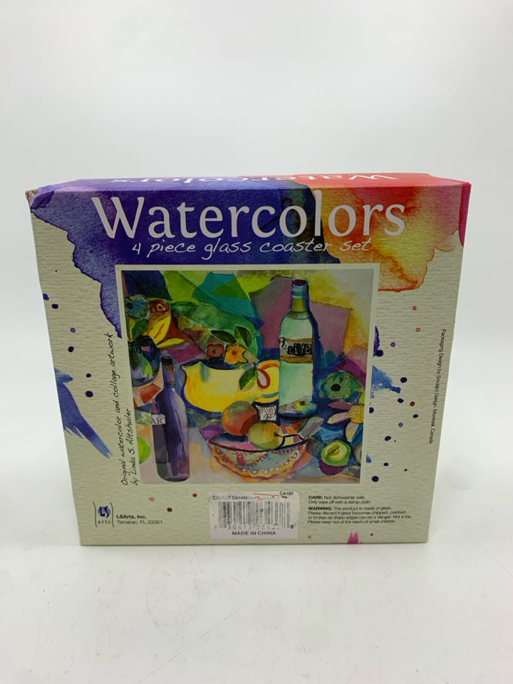 NIB 4PC WATERCOLOR GLASS COASTERS.