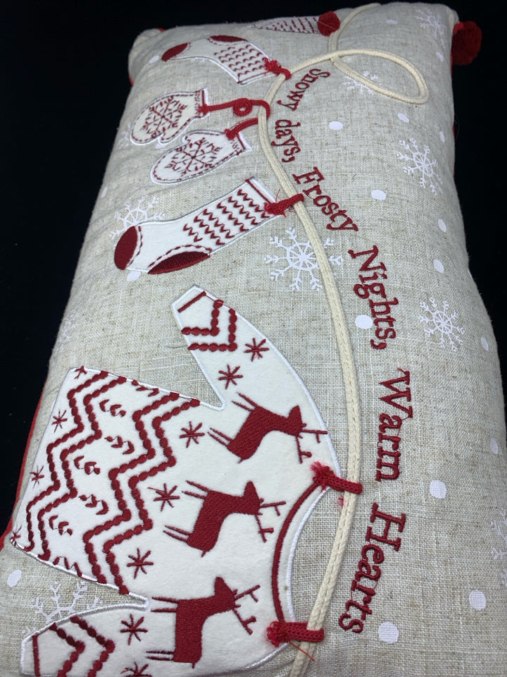 SNOWY DAYS- RECTANGLE PILLOW W/RED POM POMS.