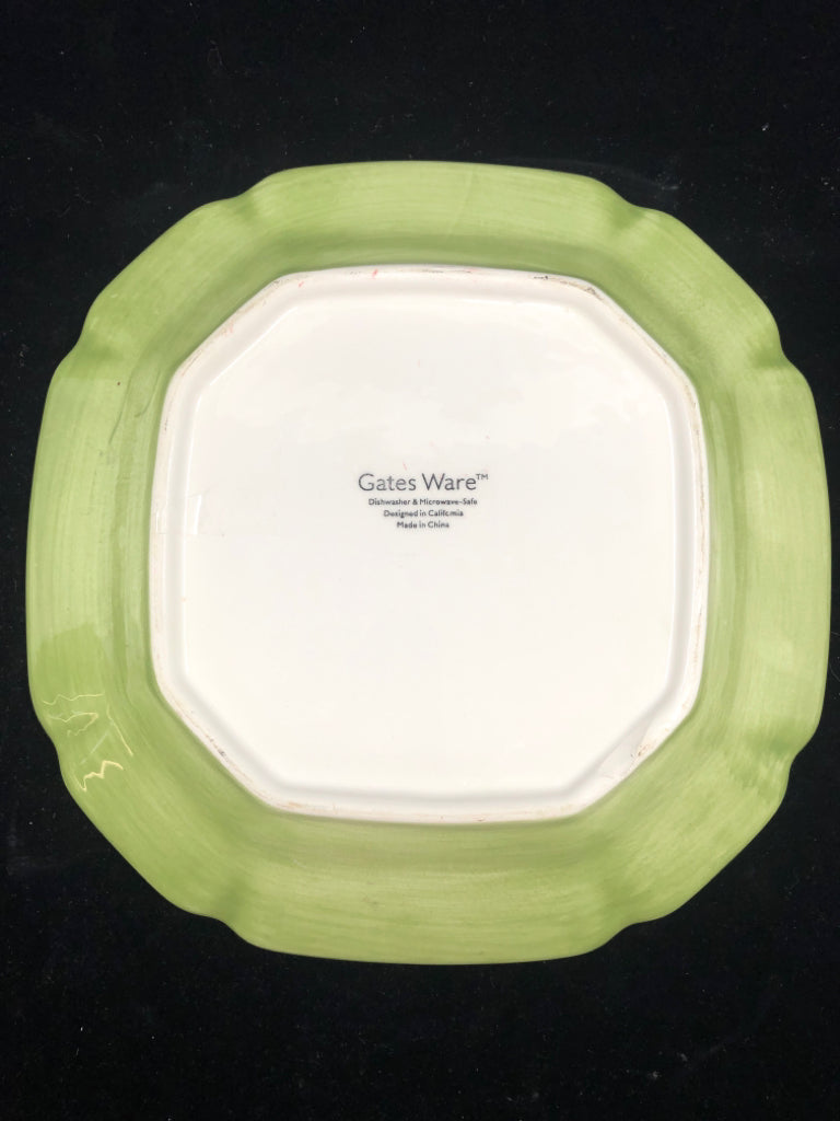 GREEN AND YELLOW SQUARE ROOSTER PLATE.