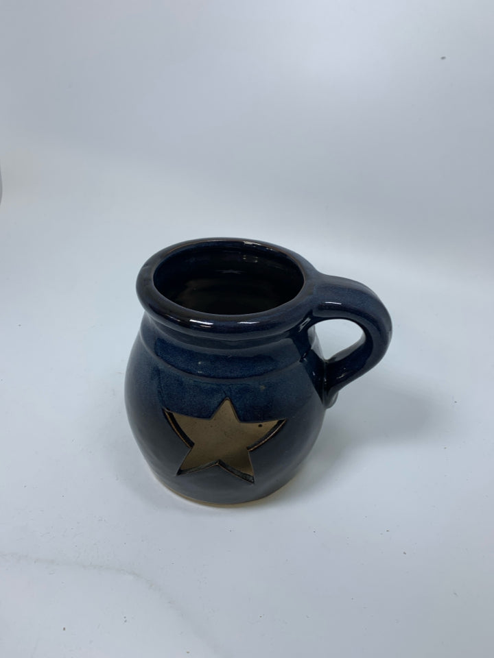 BLACK/BLUE CROCK W/ PIERCED STAR CANDLE HOLDER HANDLE.