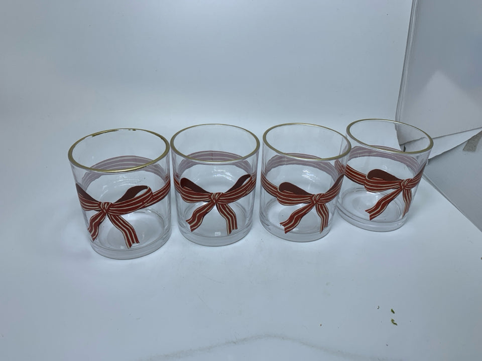 4 SHORT RED/WHITE BOW GLASSES.