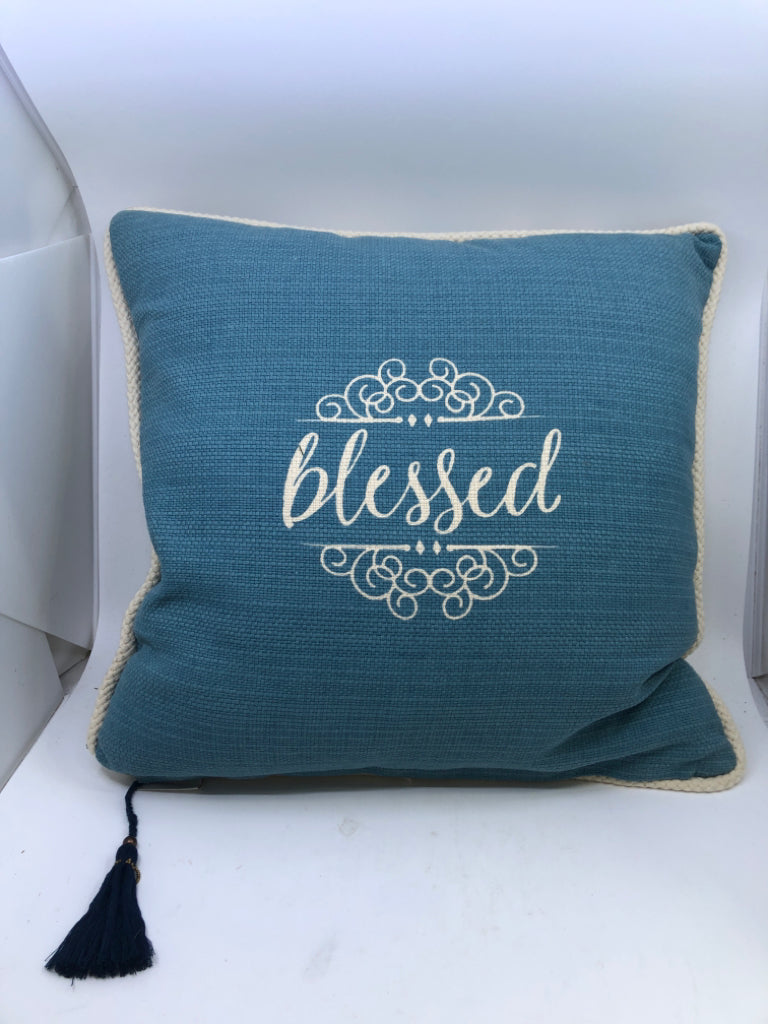 TEAL BLESSED W/FLORALS ACCENT PILLOW.