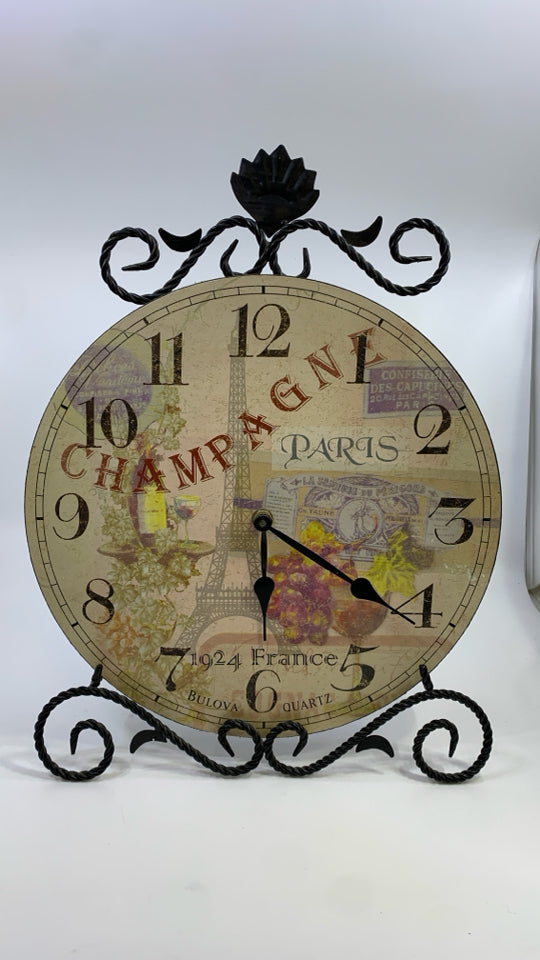PARIS SHELF CLOCK W/BLACK SCROLL STAND.