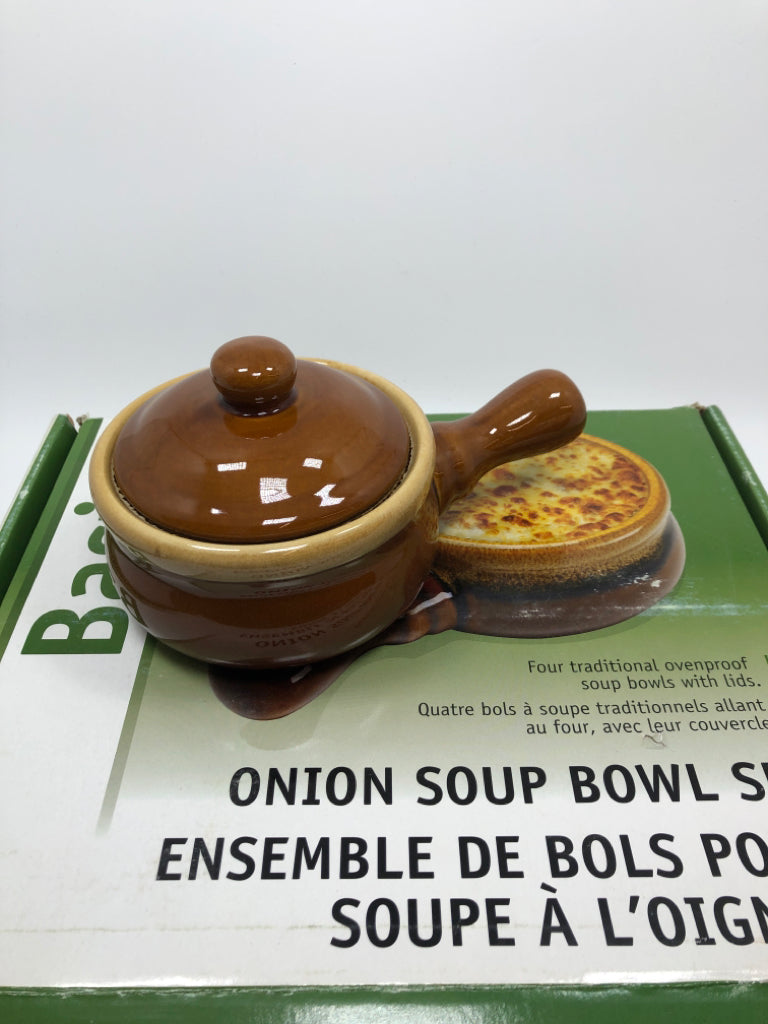 NIB BROWN GLAZE SOUP BOWL SET.