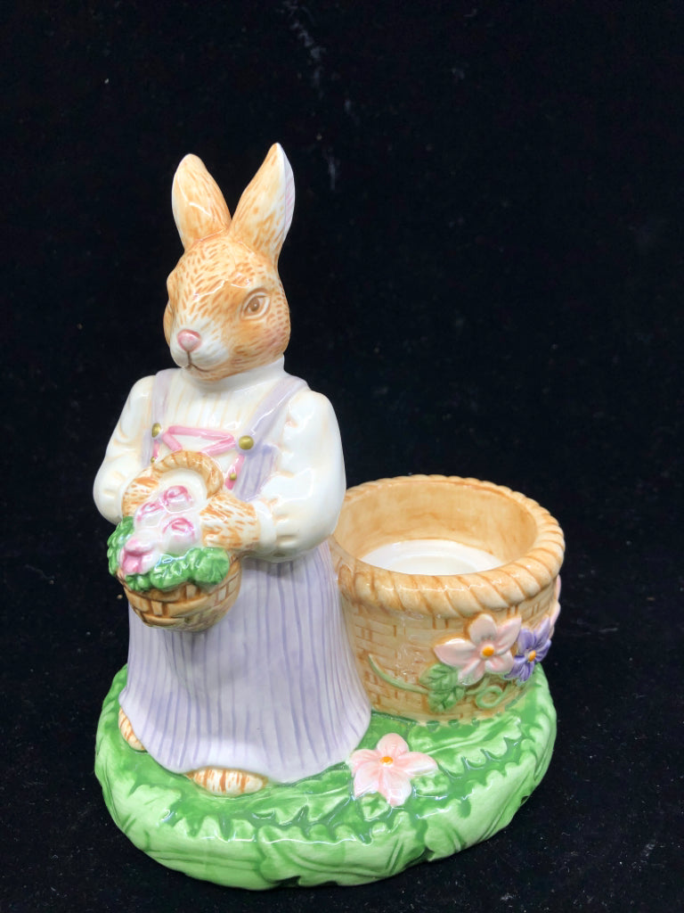 AVON CERAMIC TEA LIGHT HOLDER W/ RABBIT IN DRESS.