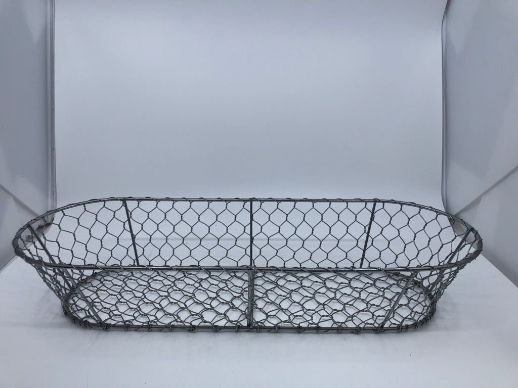 OVAL SILVER CHICKEN WIRE BASKET.