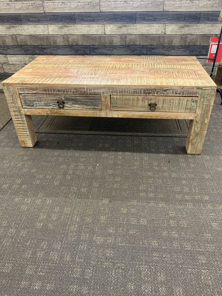 HEAVY DISTRESSED WHITE + CREAM COFFE TABLE W/ THICK LEGS 2 DRAWERS.