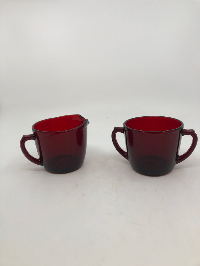 VTG RED GLASS SUGAR + CREAMER SET.