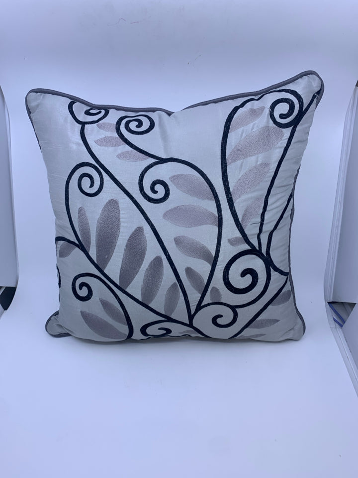 SILVER /BLACK/GRAY LEAF SWIRL ACCENT PILLOW.