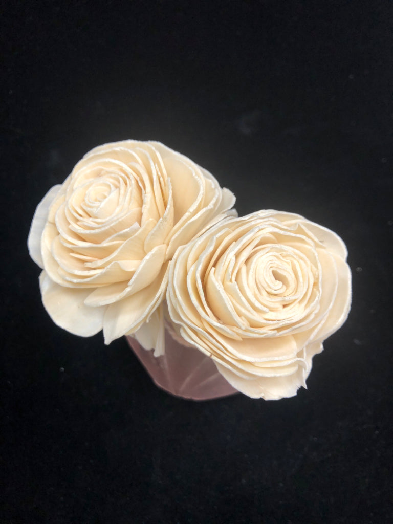 SHELL PINK FROSTED VASE W/FOAM FLORALS.