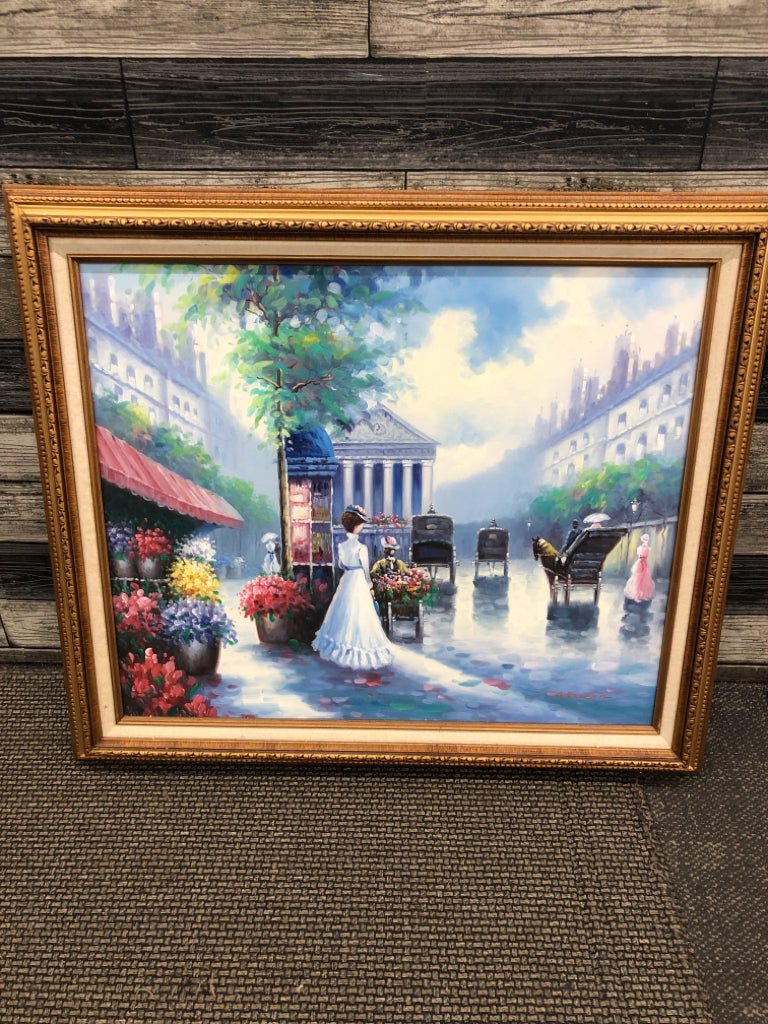 WOMAN W/HORSE-DRAWN CARRIAGES FRAMED PRINT.