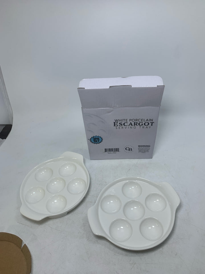 NIB 2 PORCELAIN ESCARGOT SERVING TRAYS.