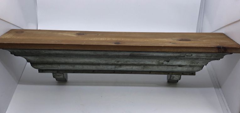 GALVANIZED METAL WALL HANGING SHELF W WOOD TOP.
