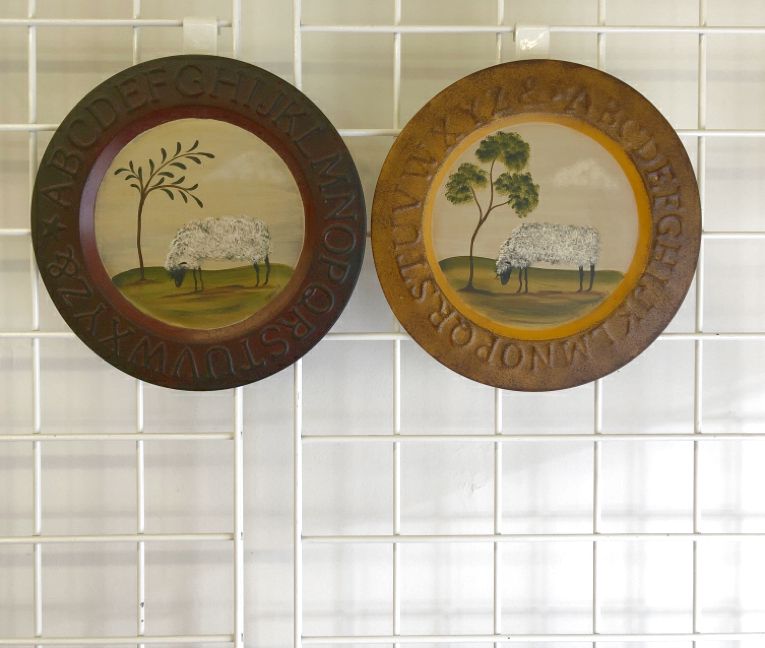 2 CIRCULAR PRIMITIVE SHEEP ALPHABET TIN PLATE WALL HANGING.