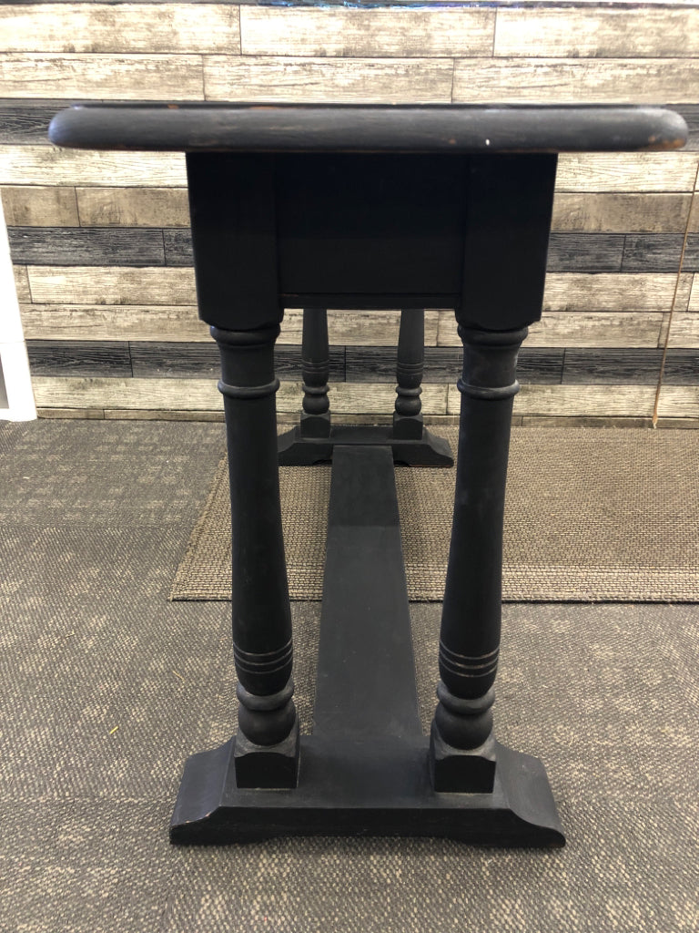 BLACK MATTE PAINTED WOOD LONG TABLE W/ DRAWER WHITE PAINTED HARDWARE.