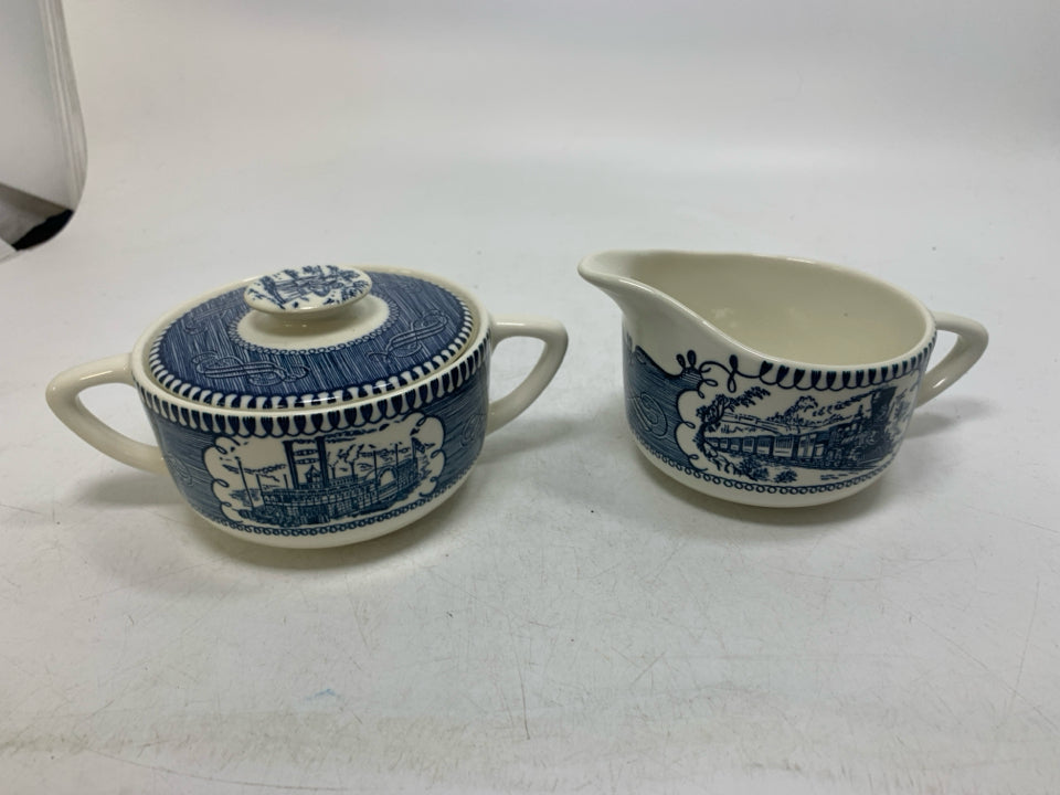 2 PC BLUE DETAILED STADIUM/TRAIN CREAMER/SUGAR BOWL.