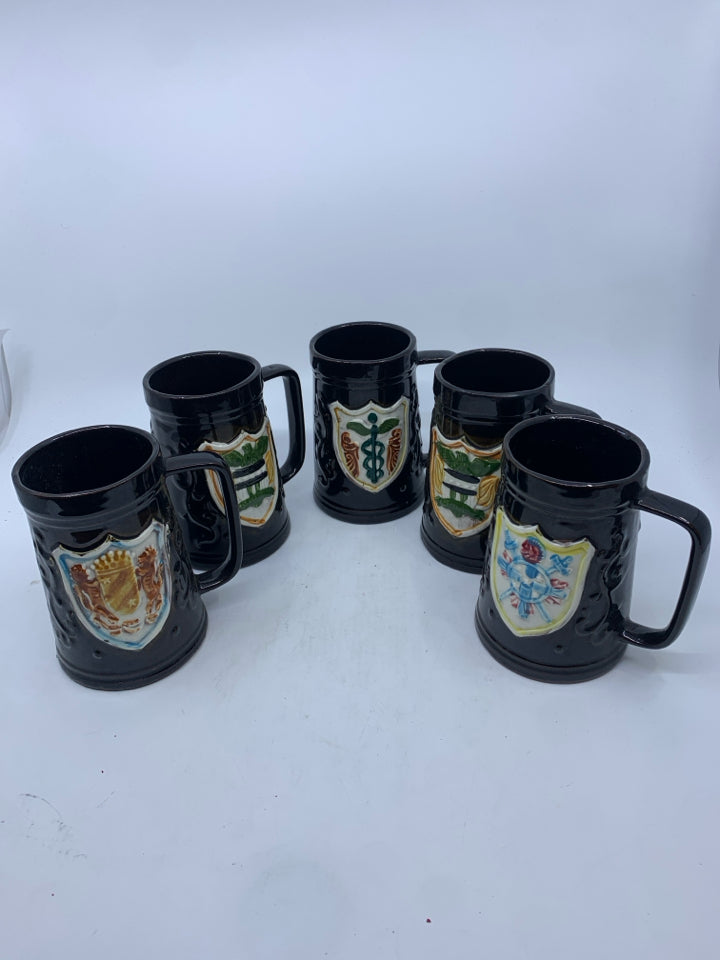 5 BLACK COAT OF ARMS BEER STEINS.