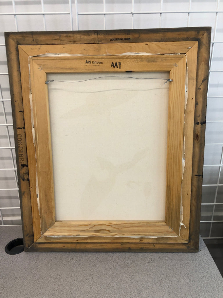 FANCY WOMAN PAINTING IN BLUE WOOD FRAME.