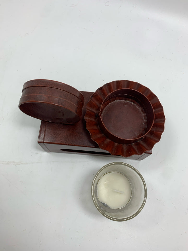 PRIMITIVE RED METAL MATCH-BOX HOLDER W/CANDLE.