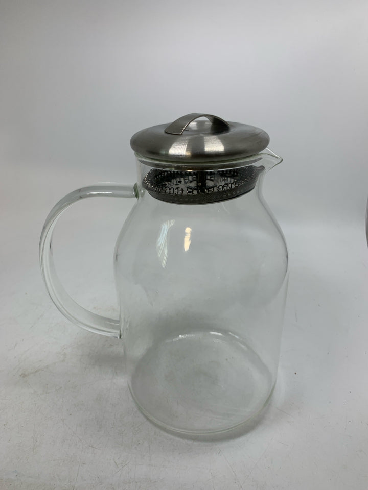 CLEAR GLASS PITCHER W/ METAL TOP.