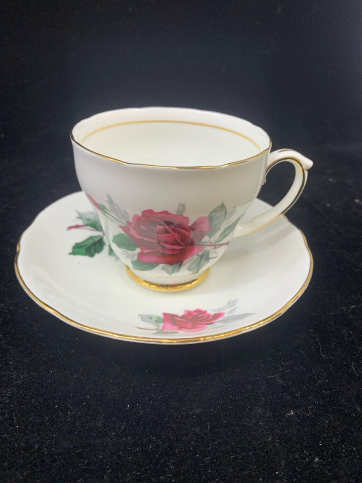 VTG WHITE W/ PINK ROSE GOLD ACCENT TEA CUP & SAUCER-DUCHESS.