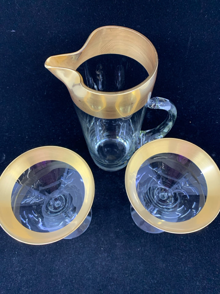 3PC GOLD RIM MARTINI SERVING SET- 2 GLASSES, 1 PITCHER.