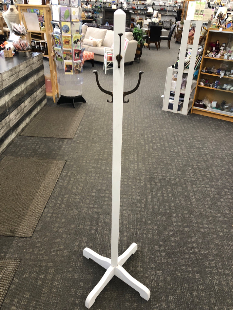 WHITE COAT RACK W/METAL HOOKS.