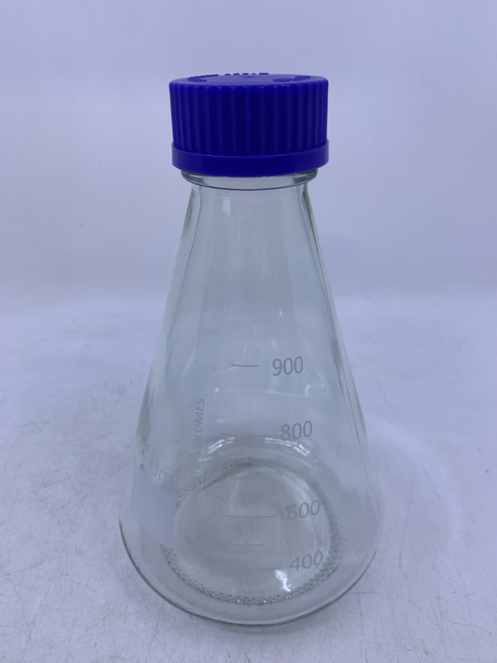 GLASS BEAKER W/ BLUE LID.