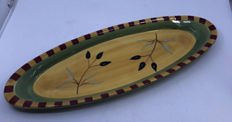 OVAL GREEN/YELLOW RED BLOCK BRANCHES SERVING DISH.