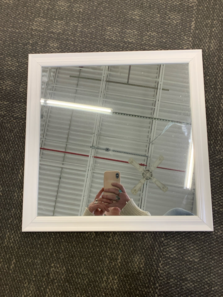 SMALL WHITE FRAMED SQUARE MIRROR.