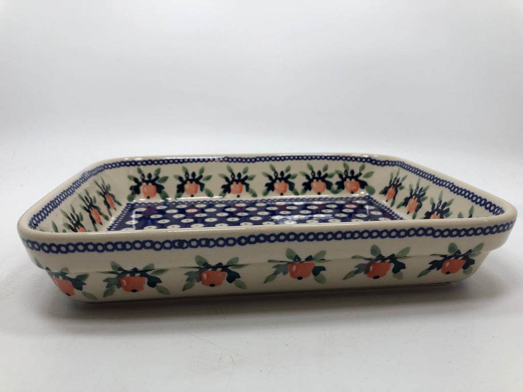 POLISH POTTERY RECTANGULAR BAKING DISH W/ BLUE DOTS AND FRUIT BORDER.