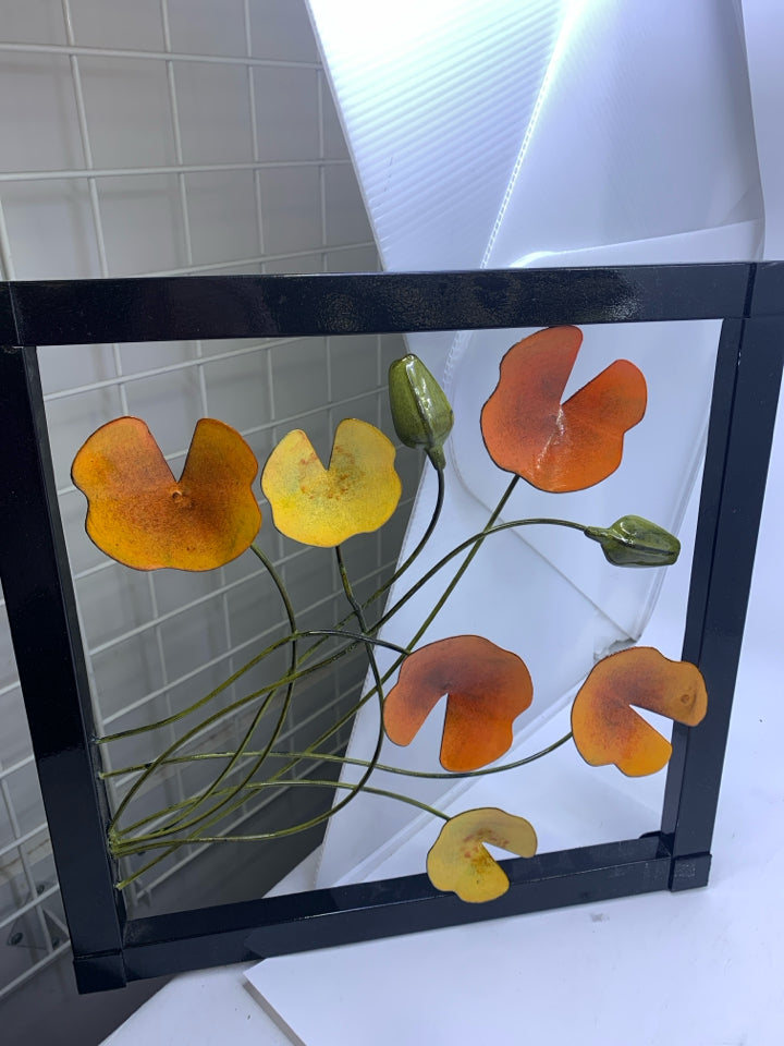 METAL SQUARE WALL ART W/ COLORED LILLY PADS.