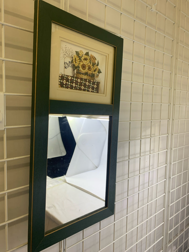 GREEN WOOD MIRROR W/ SUNFLOWERS IN BASKET WALL HANGING.