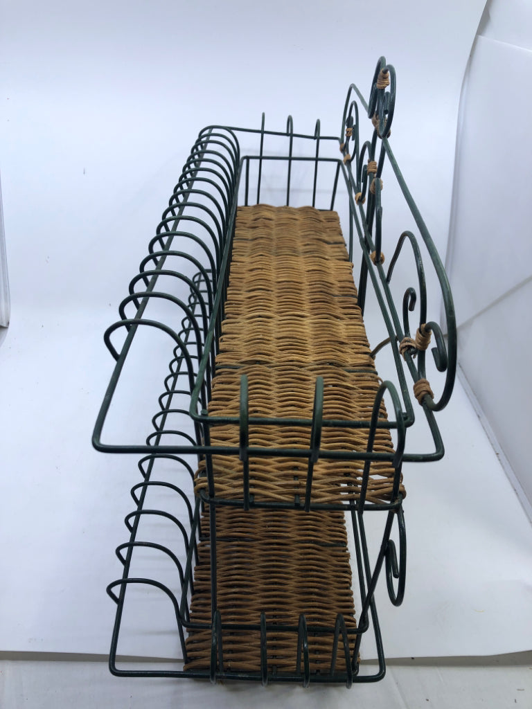 2 TIER GREEN METAL WALL SHELF W/ WICKER BOTTOM.