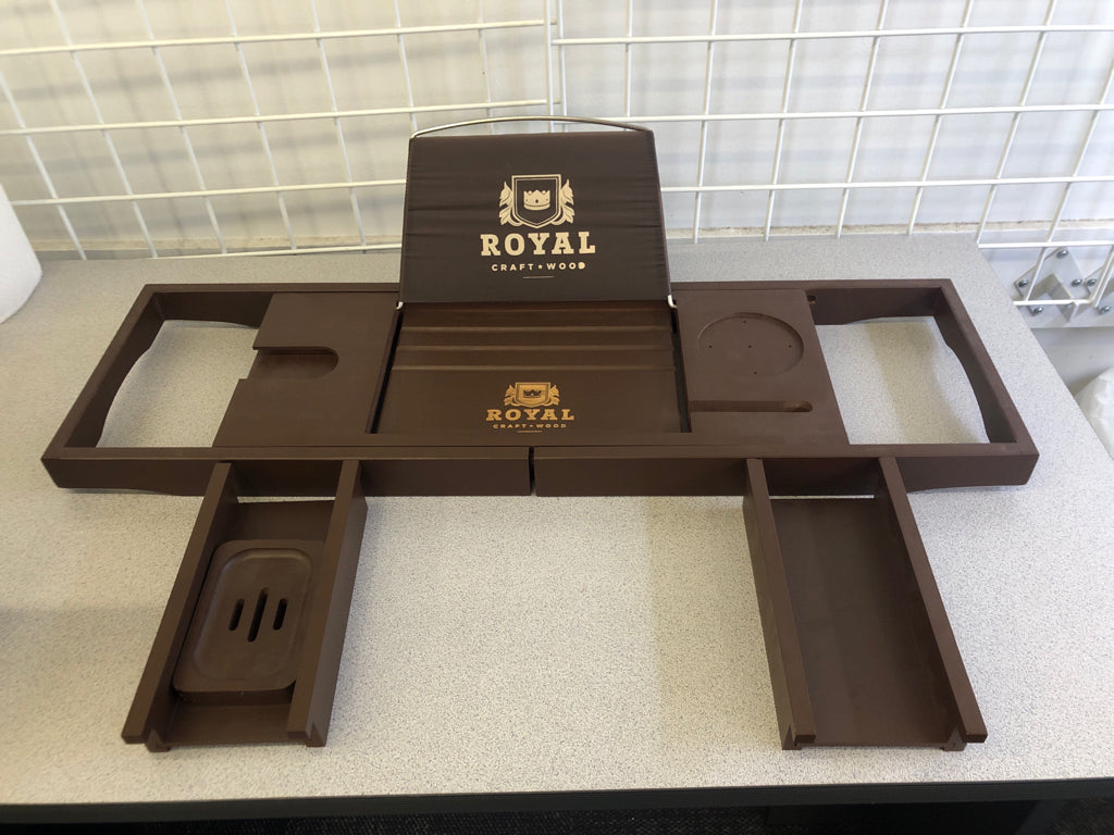 DARK WOOD EXPANDABLE BATH TRAY W REMOVABLE PIECE.