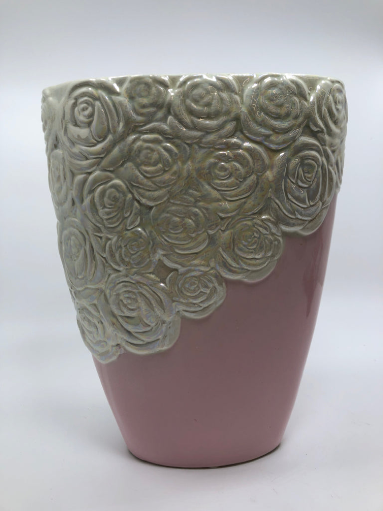 PINK VASE W/WHITE IRIDESCENT EMBOSSED FLOWERS.