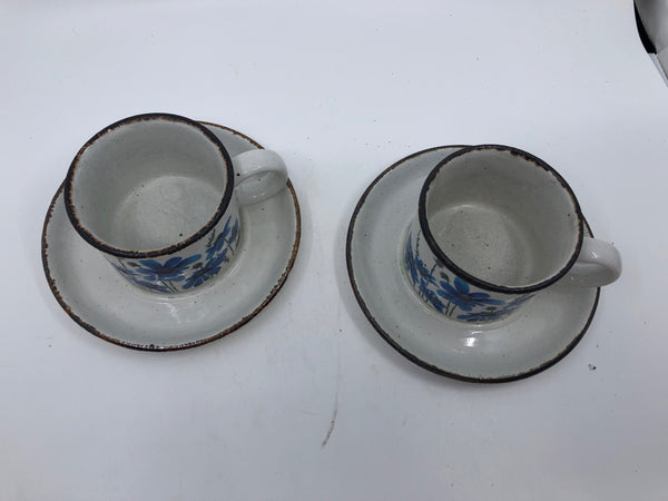 2 VTG BLUE FLORAL MUGS + SAUCERS.