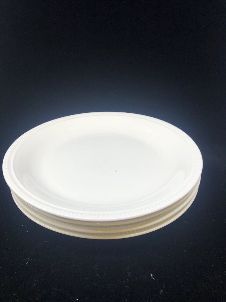 4 WHITE BEADED EDGE DINNER PLATES.