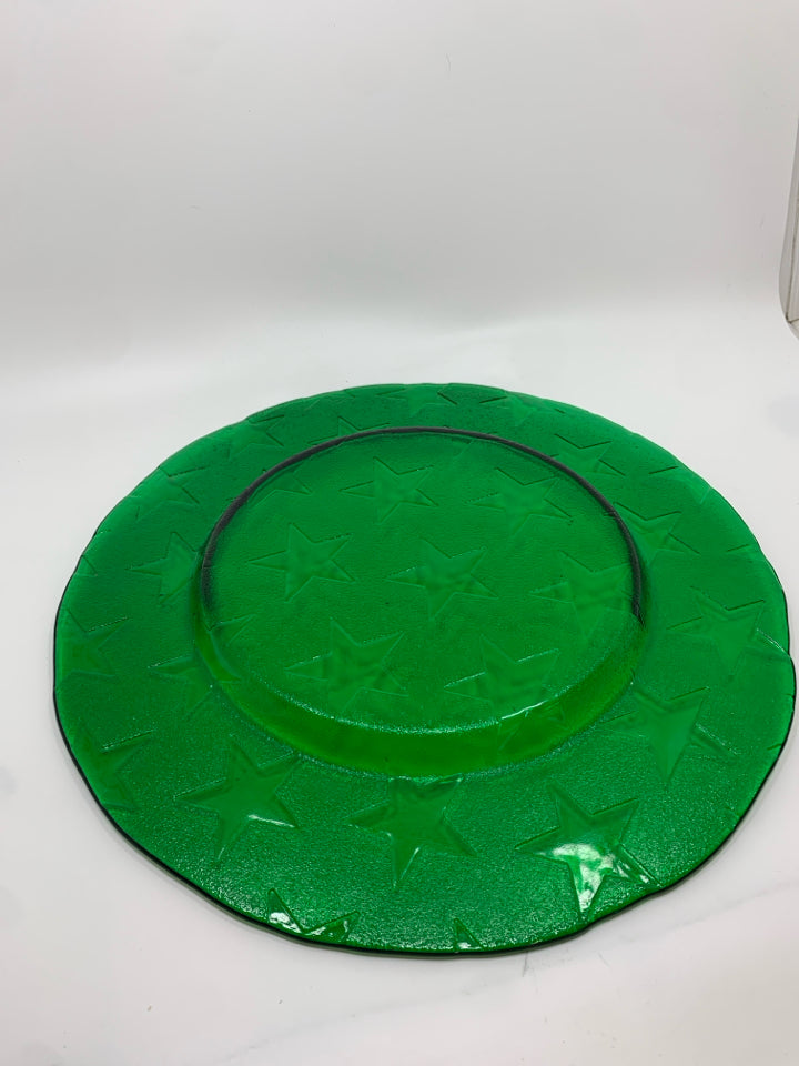GREEN GLASS PLATE W/EMBOSSED STARS.