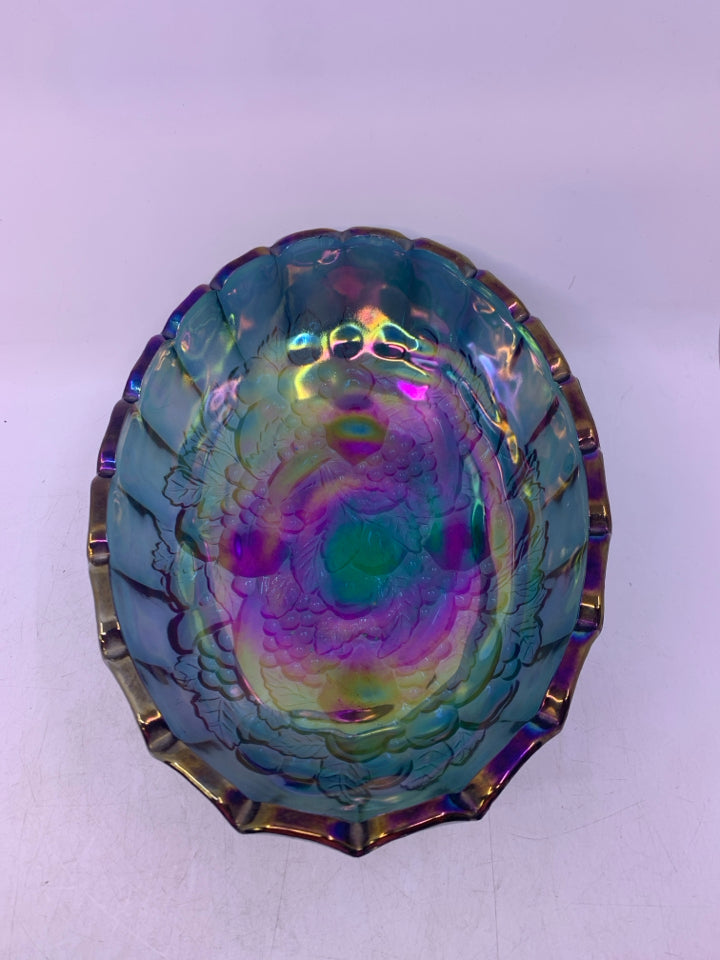 VTG FOOTED IRIDESCENT CARNIVAL GLASS OVAL CENTERPIECE BOWL W/ EMBOSSED GRAPES.