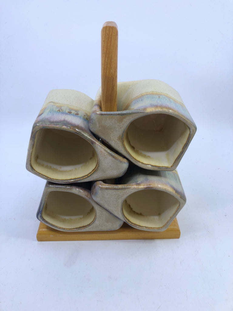 4 DRIP GLAZE POTTERY MUGS W WOODEN STAND.