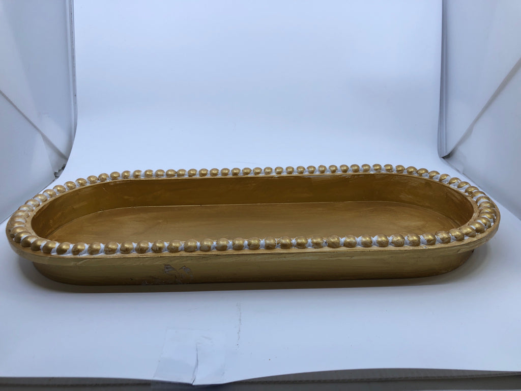 WOOD GOLD PAINTED LIGHT WEIGHT WOOD OVAL TRAY W/ BEADED EDGE.
