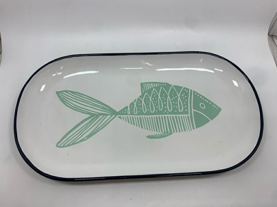 TEAL FISH PAINTED PLATTER W/BLACK RIM.