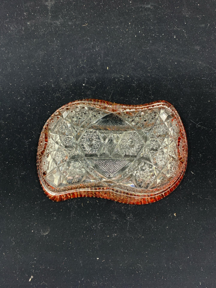 VTG CUT GLASS W/ RED SAWTOOTH EDGE BOWL.