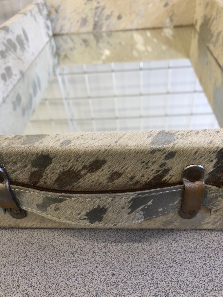 COW LEATHER TRAY W/MIRROR AND HANDLES.